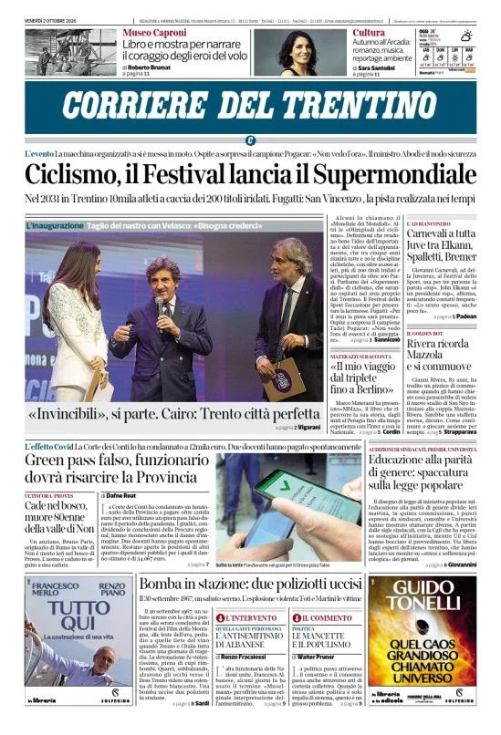 Prima pagina Corriere del Trentino del 2 Ottobre 2026