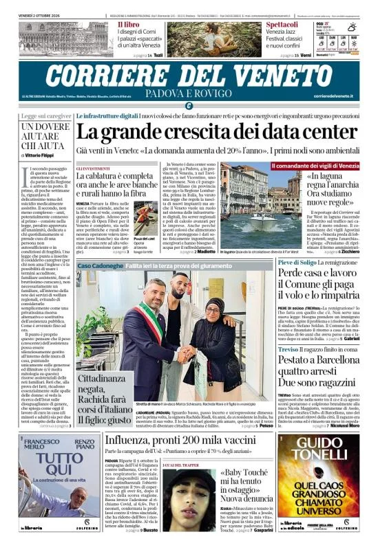 Prima pagina Corriere del Veneto | Padova e Rovigo del 2 Ottobre 2026