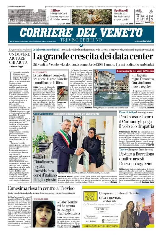 Prima pagina Corriere del Veneto | Treviso e Belluno del 2 Ottobre 2026