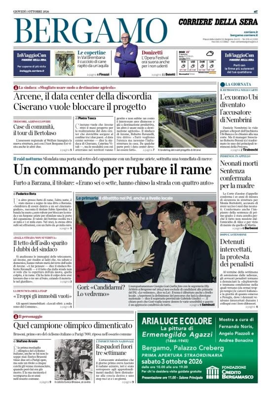 Prima pagina Corriere della Sera | Bergamo del 2 Ottobre 2026