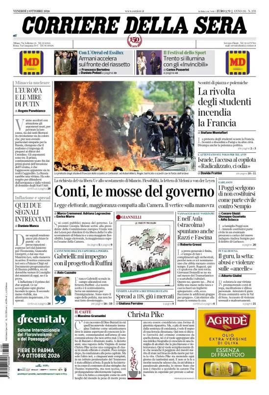Prima pagina Corriere della Sera del 2 Ottobre 2026