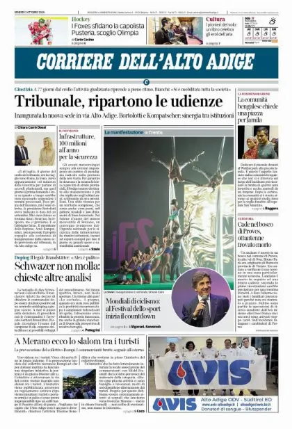 Prima pagina Corriere dell'Alto Adige