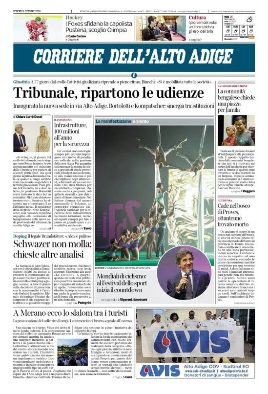 Prima pagina Corriere dell'Alto Adige del 2 Ottobre 2026