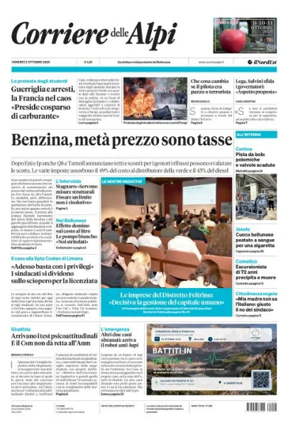 Prima pagina Corriere delle Alpi | Belluno