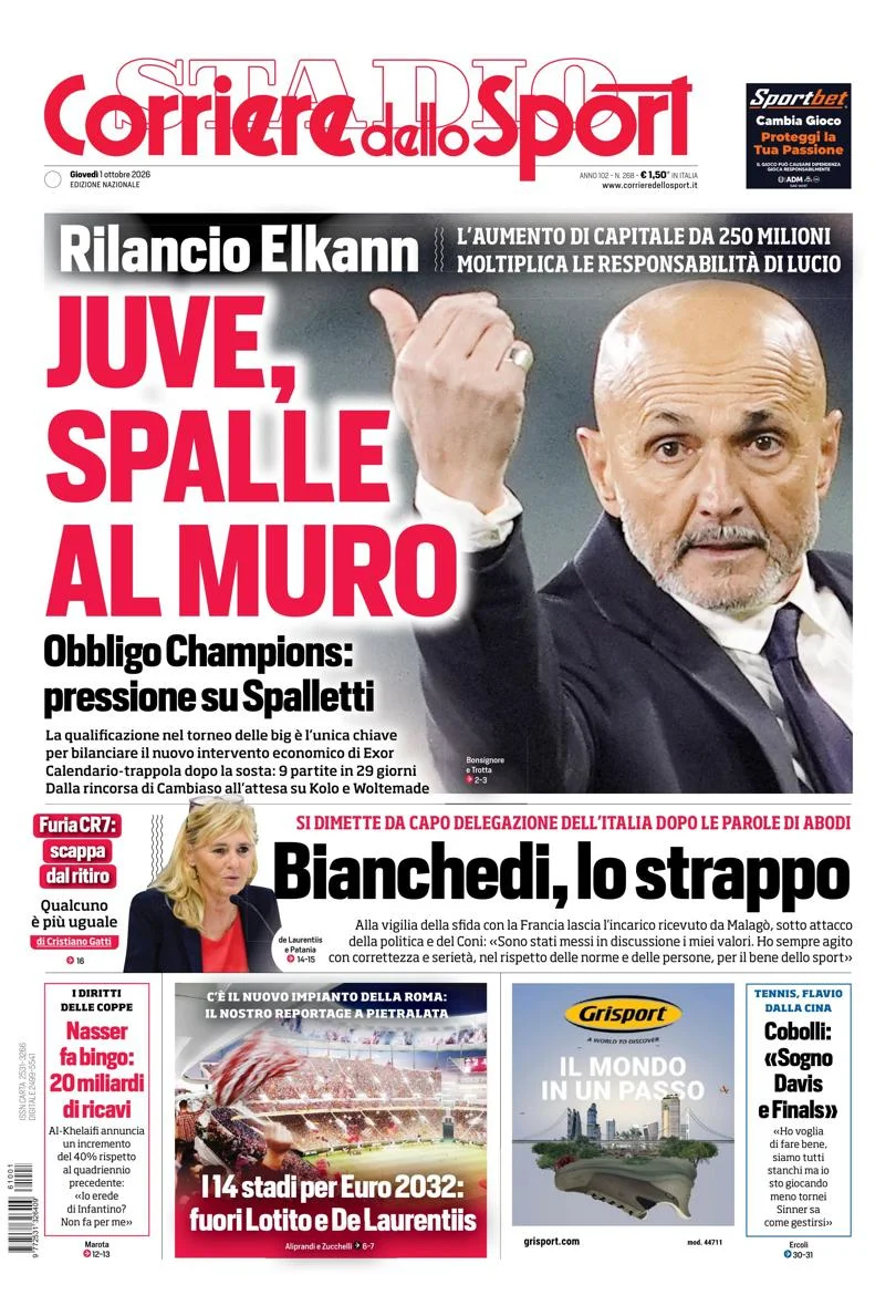 Prima pagina Corriere dello Sport - Stadio del 2 Ottobre 2026