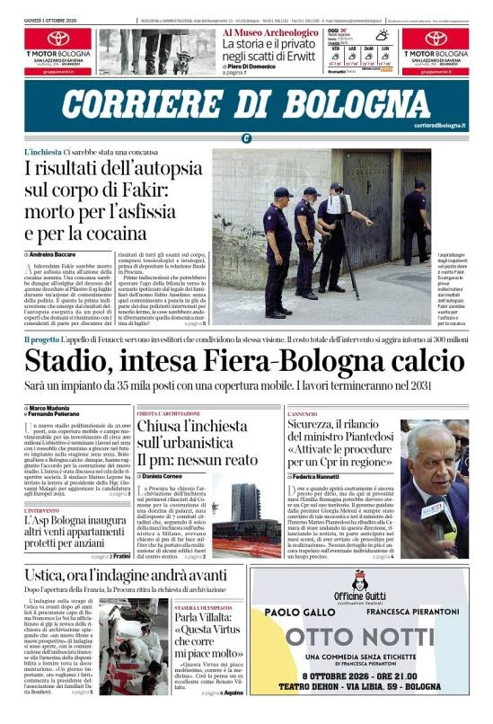 Prima pagina Corriere di Bologna del 2 Ottobre 2026