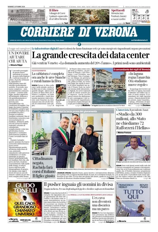 Prima pagina Corriere di Verona del 2 Ottobre 2026