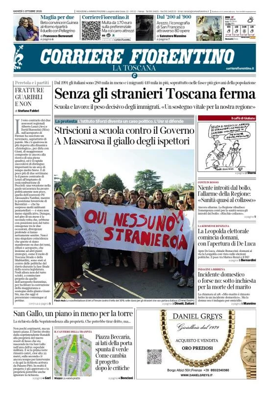 Prima pagina Corriere Fiorentino del 2 Ottobre 2026