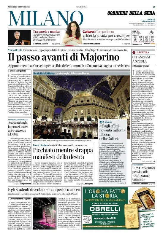Prima pagina Corriere della Sera | Milano del 2 Ottobre 2026