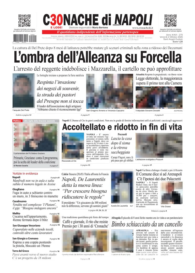 Prima pagina Cronache di Napoli del 2 Ottobre 2026