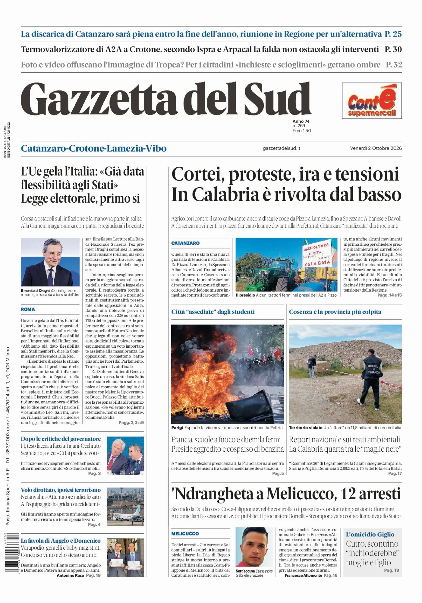 Prima pagina Gazzetta del Sud | Catanzaro del 2 Ottobre 2026