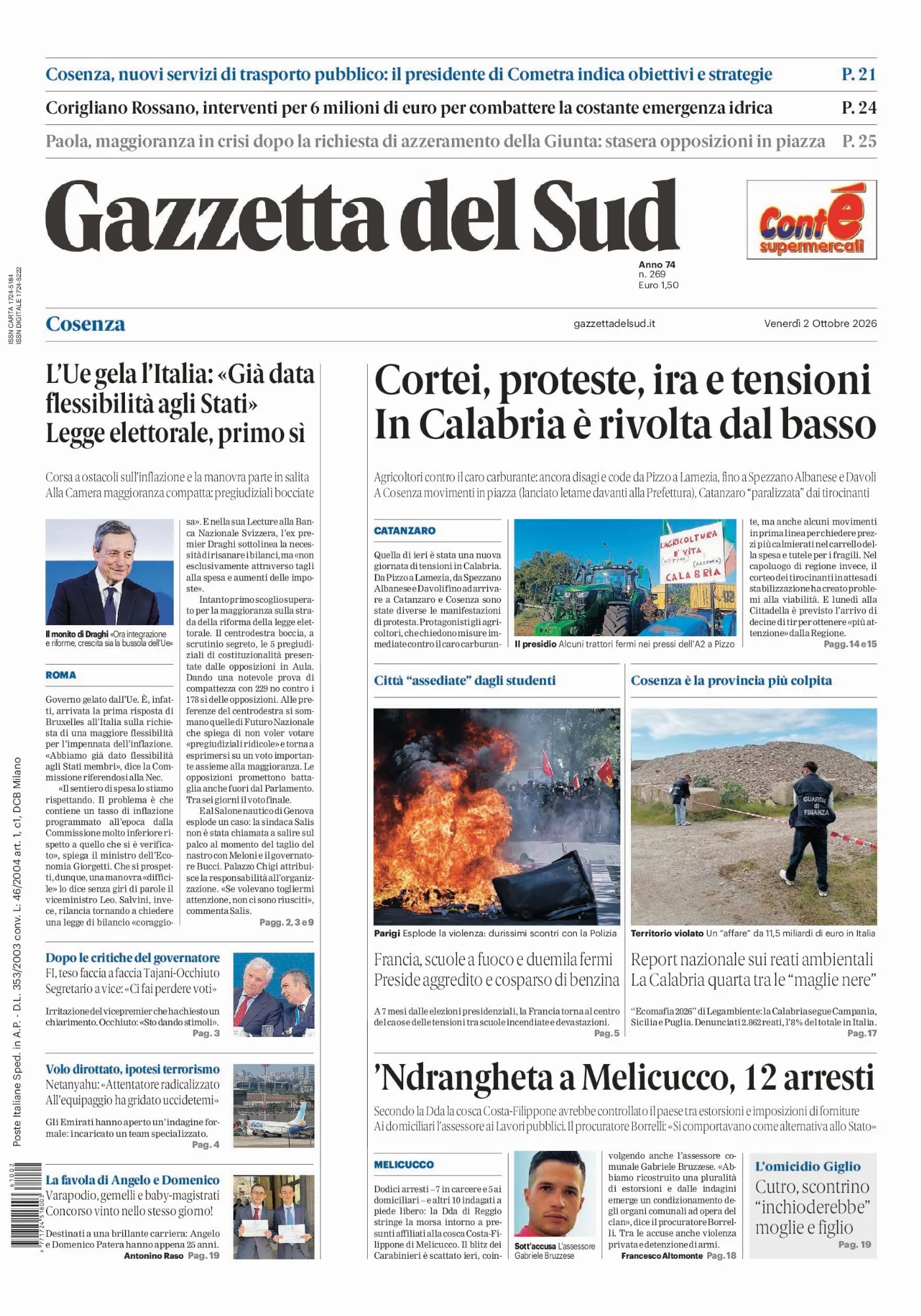 Prima pagina Gazzetta del Sud | Cosenza del 2 Ottobre 2026
