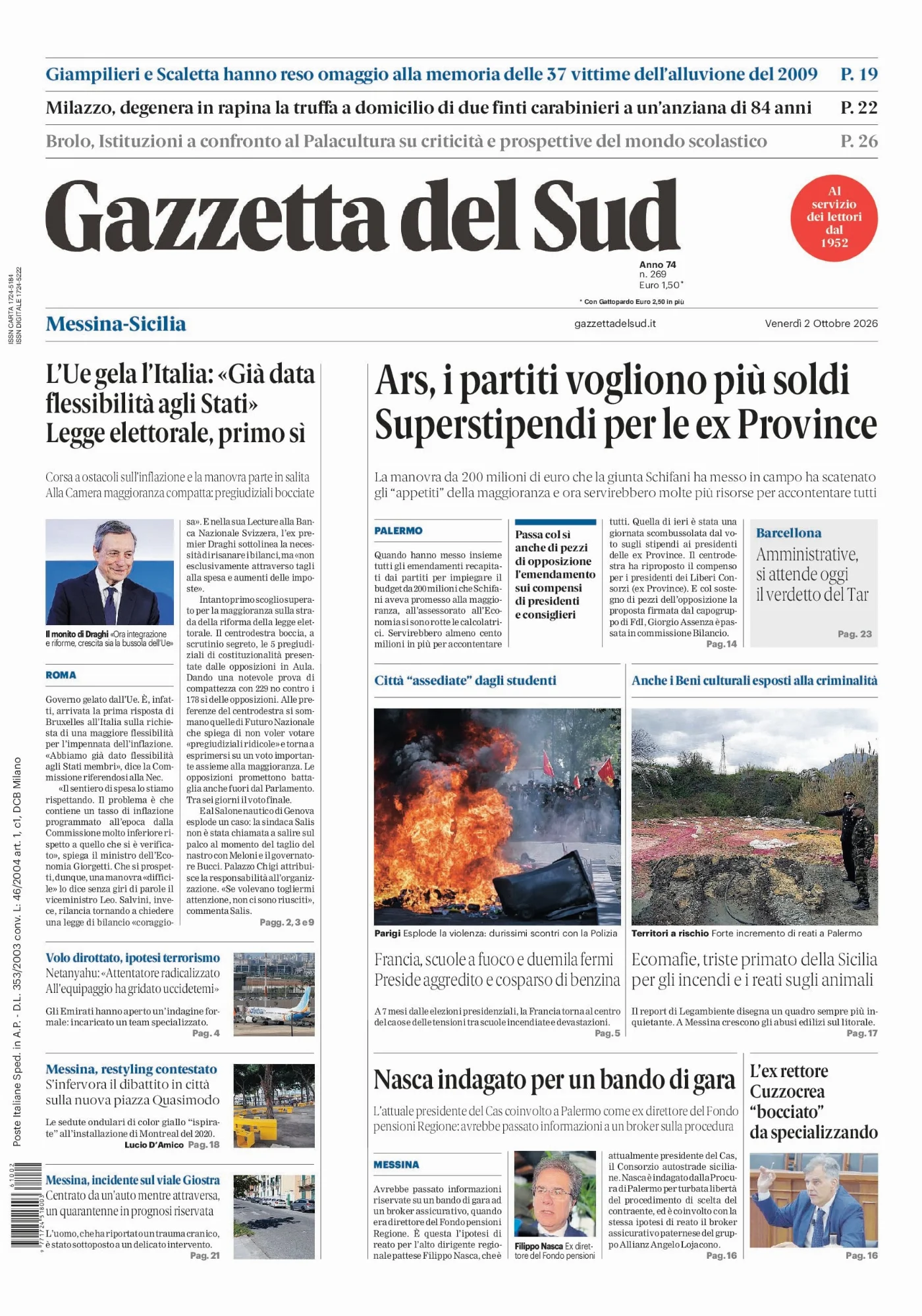 Prima pagina Gazzetta del Sud del 2 Ottobre 2026