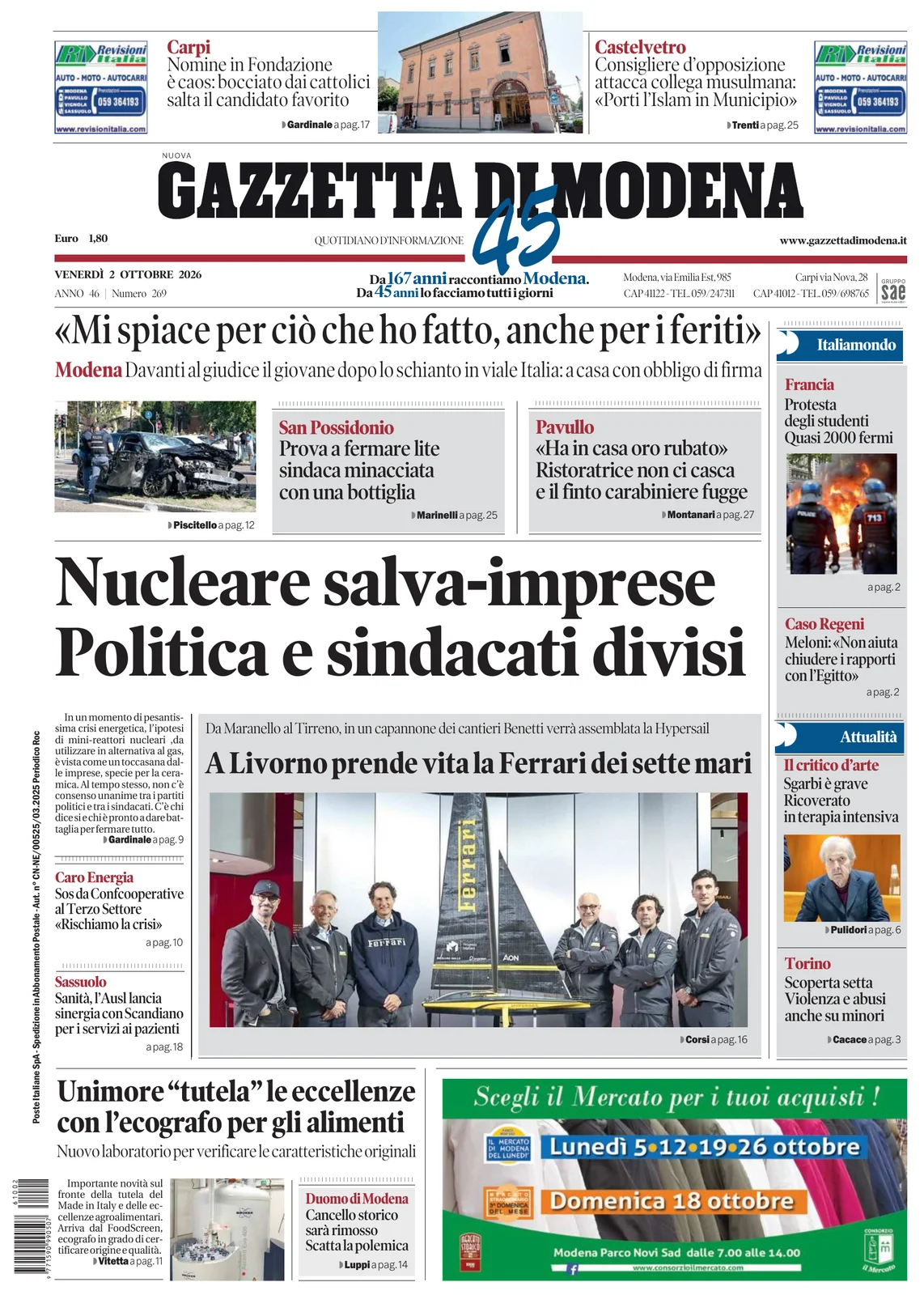 Prima pagina Gazzetta di Modena del 2 Ottobre 2026