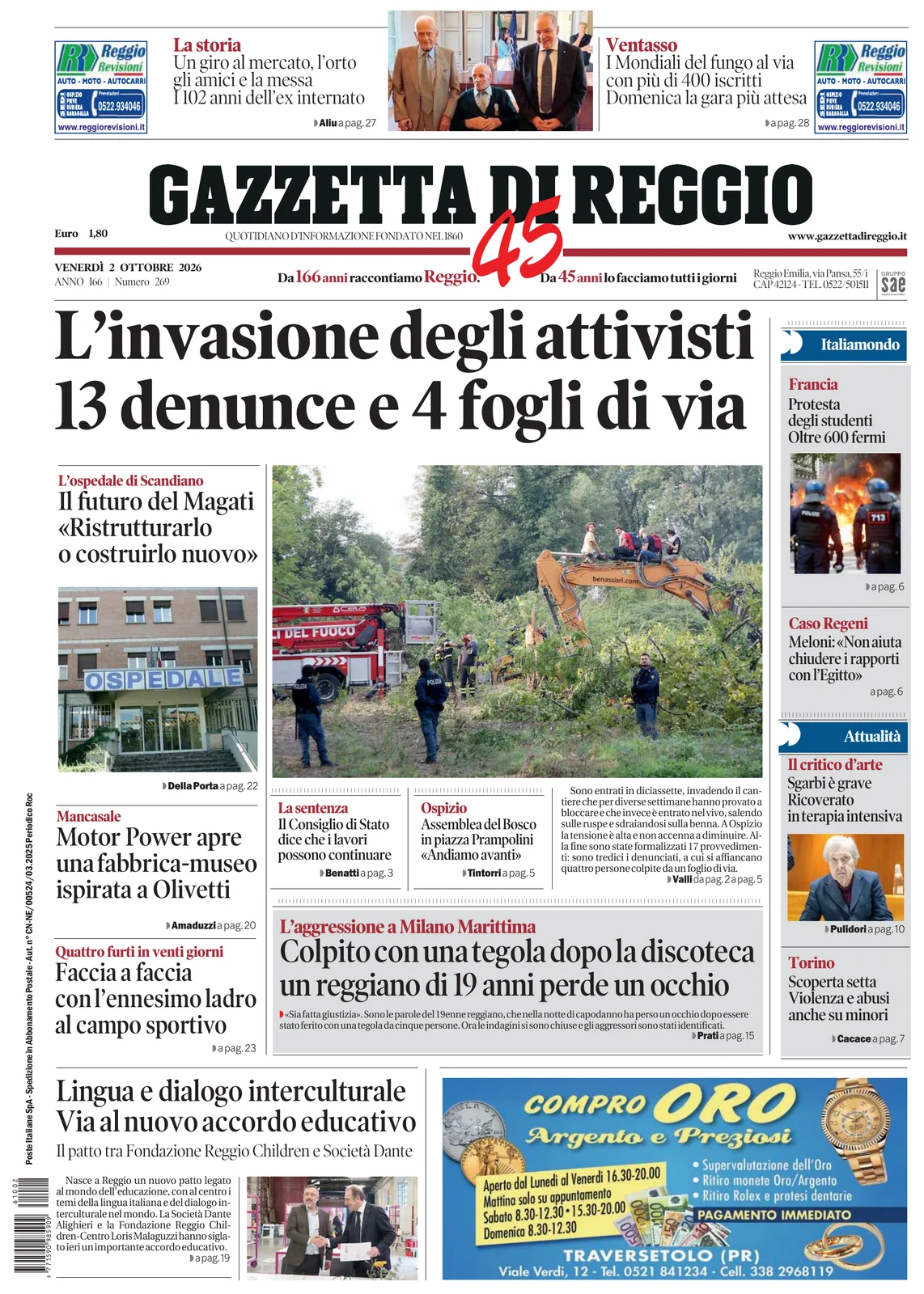 Prima pagina Gazzetta di Reggio del 2 Ottobre 2026