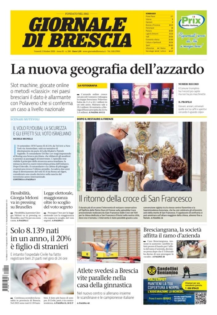 Prima pagina Giornale di Brescia del 2 Ottobre 2026