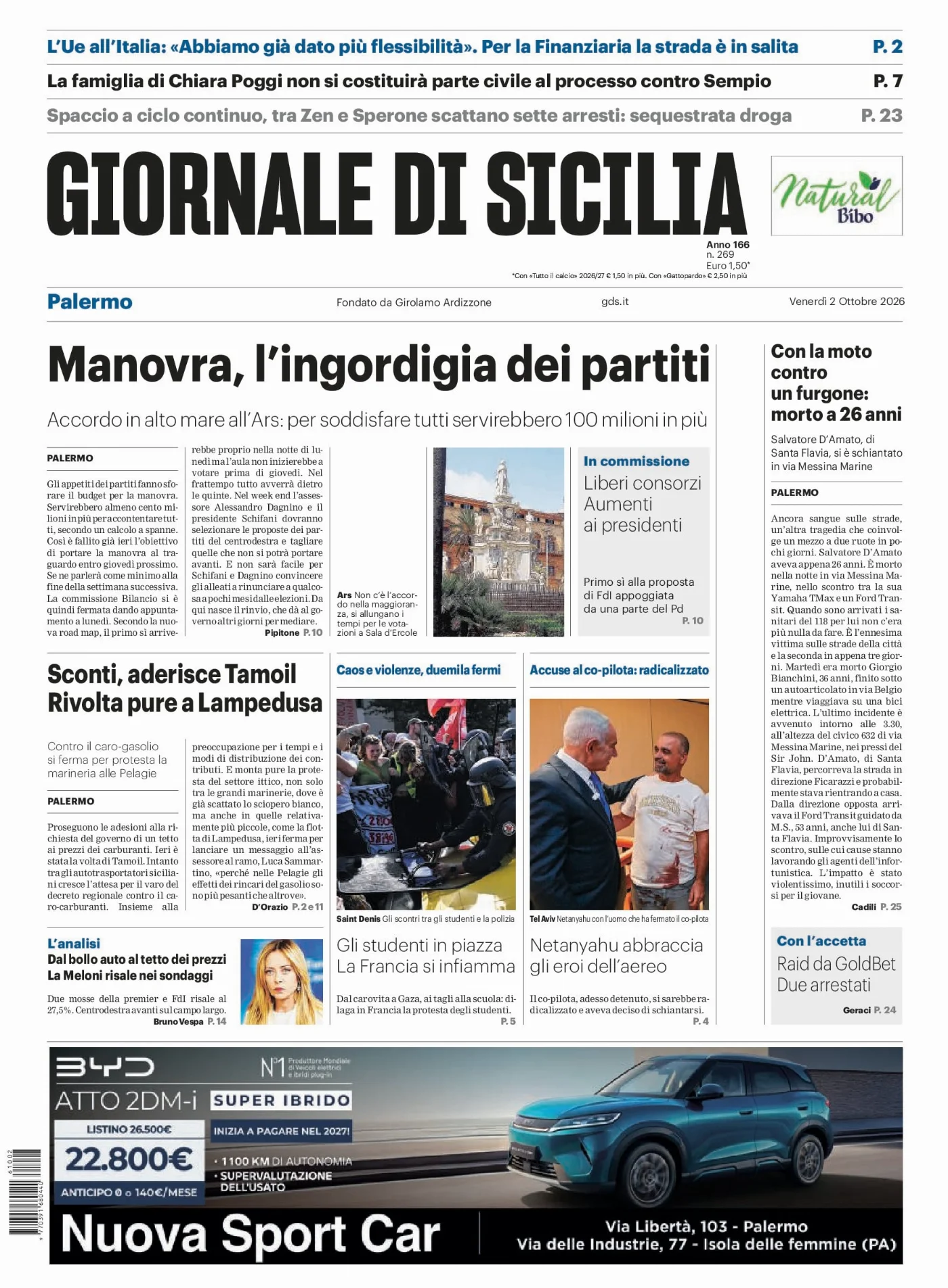 Prima pagina Giornale di Sicilia del 2 Ottobre 2026
