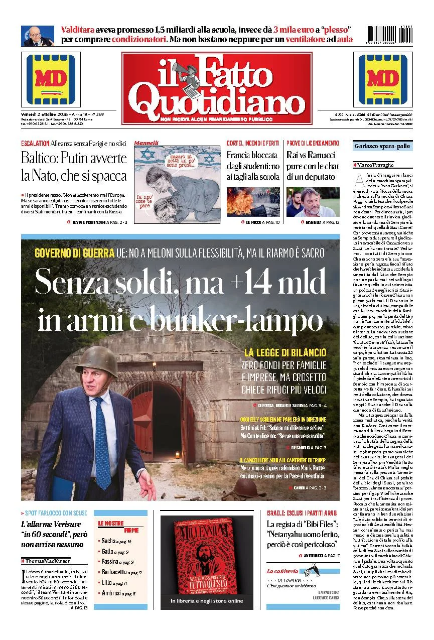 Prima pagina Il Fatto Quotidiano del 2 Ottobre 2026