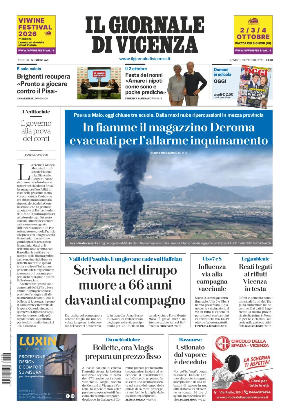 Prima pagina Il Giornale di Vicenza del 2 Ottobre 2026