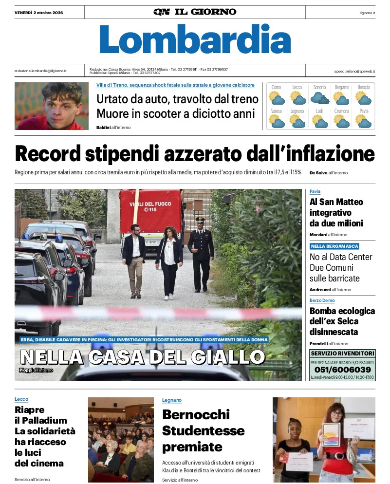 Prima pagina Il Giorno del 2 Ottobre 2026