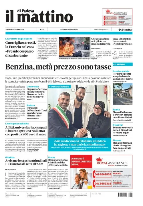 Prima pagina Il Mattino di Padova | Padova del 2 Ottobre 2026