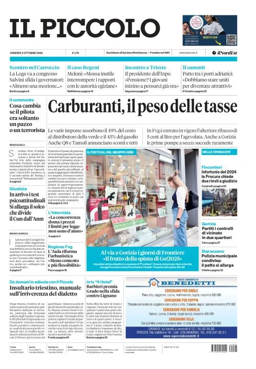 Prima pagina Il Piccolo | Gorizia e Monfalcone del 2 Ottobre 2026
