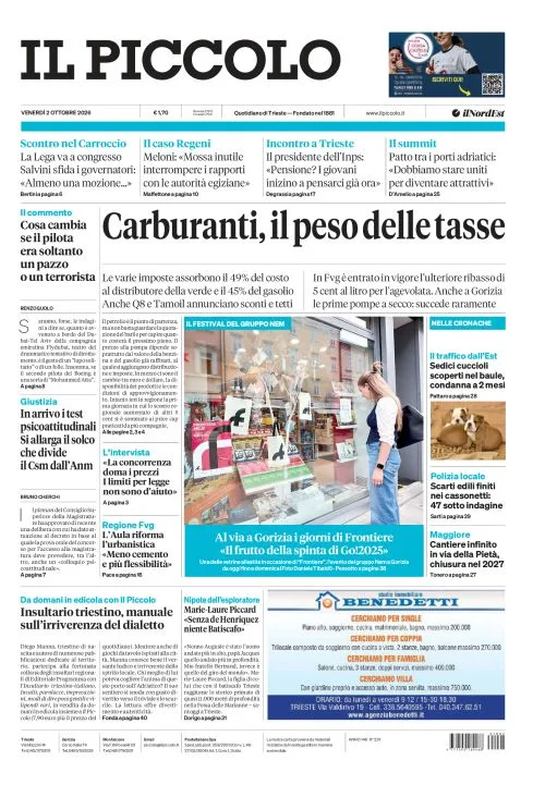 Prima pagina Il Piccolo | Trieste del 2 Ottobre 2026
