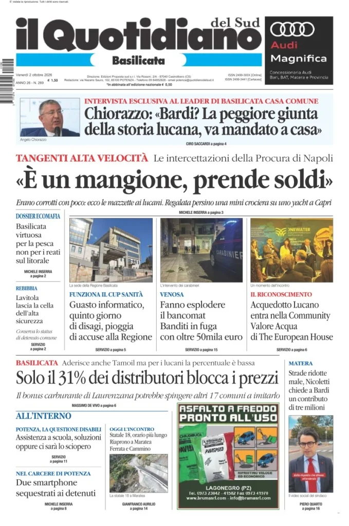 Prima pagina Il Quotidiano del Sud | Basilicata del 2 Ottobre 2026