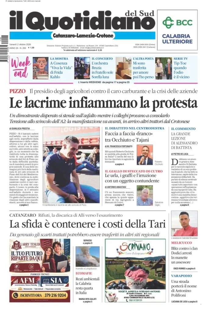 Prima pagina Il Quotidiano del Sud | Catanzaro, Lamezia e Crotone del 2 Ottobre 2026