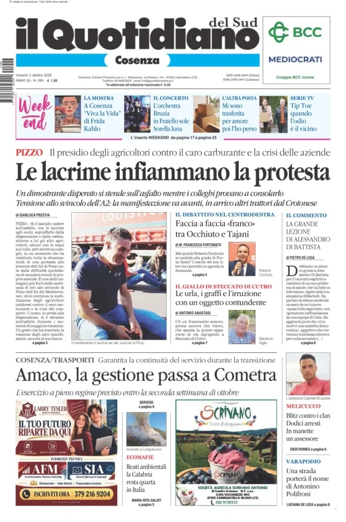 Prima pagina Il Quotidiano del Sud | Cosenza del 2 Ottobre 2026
