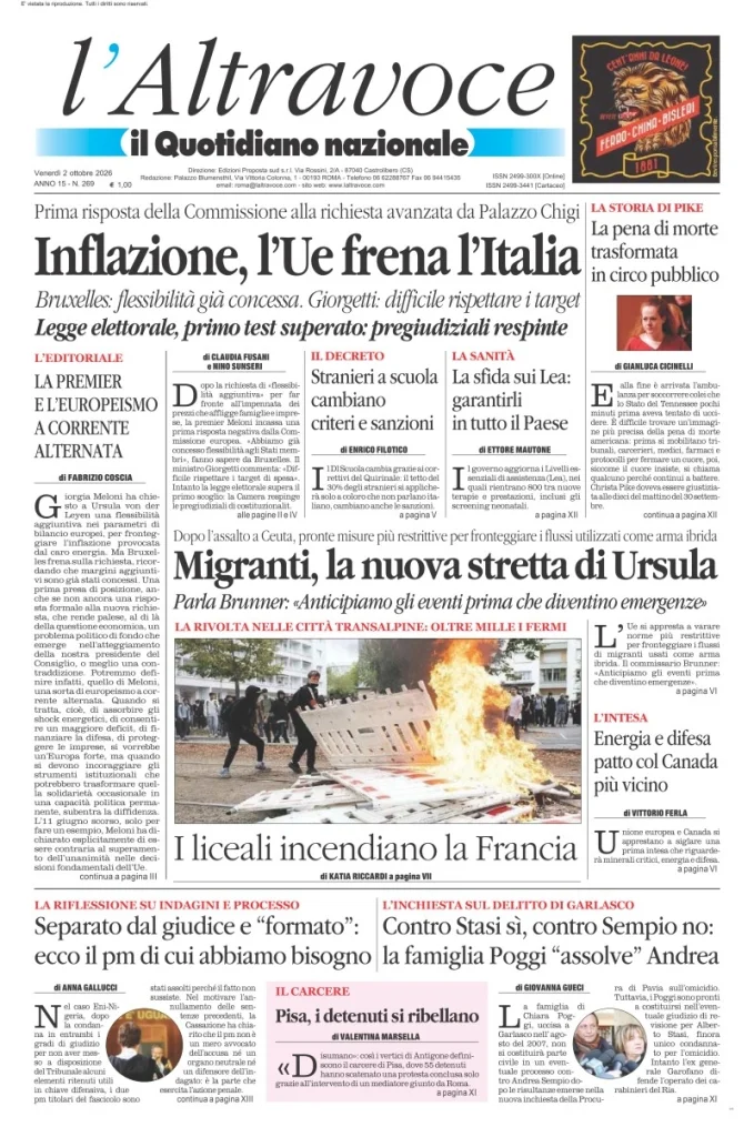 Prima pagina Il Quotidiano del Sud | L'Altravoce del 2 Ottobre 2026