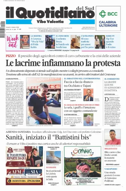 Prima pagina Il Quotidiano del Sud | Vibo Valentia