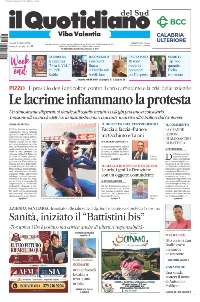 Prima pagina Il Quotidiano del Sud | Vibo Valentia del 2 Ottobre 2026