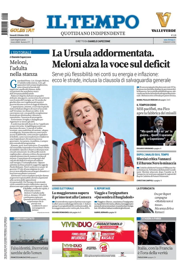 Prima pagina Il Tempo del 2 Ottobre 2026