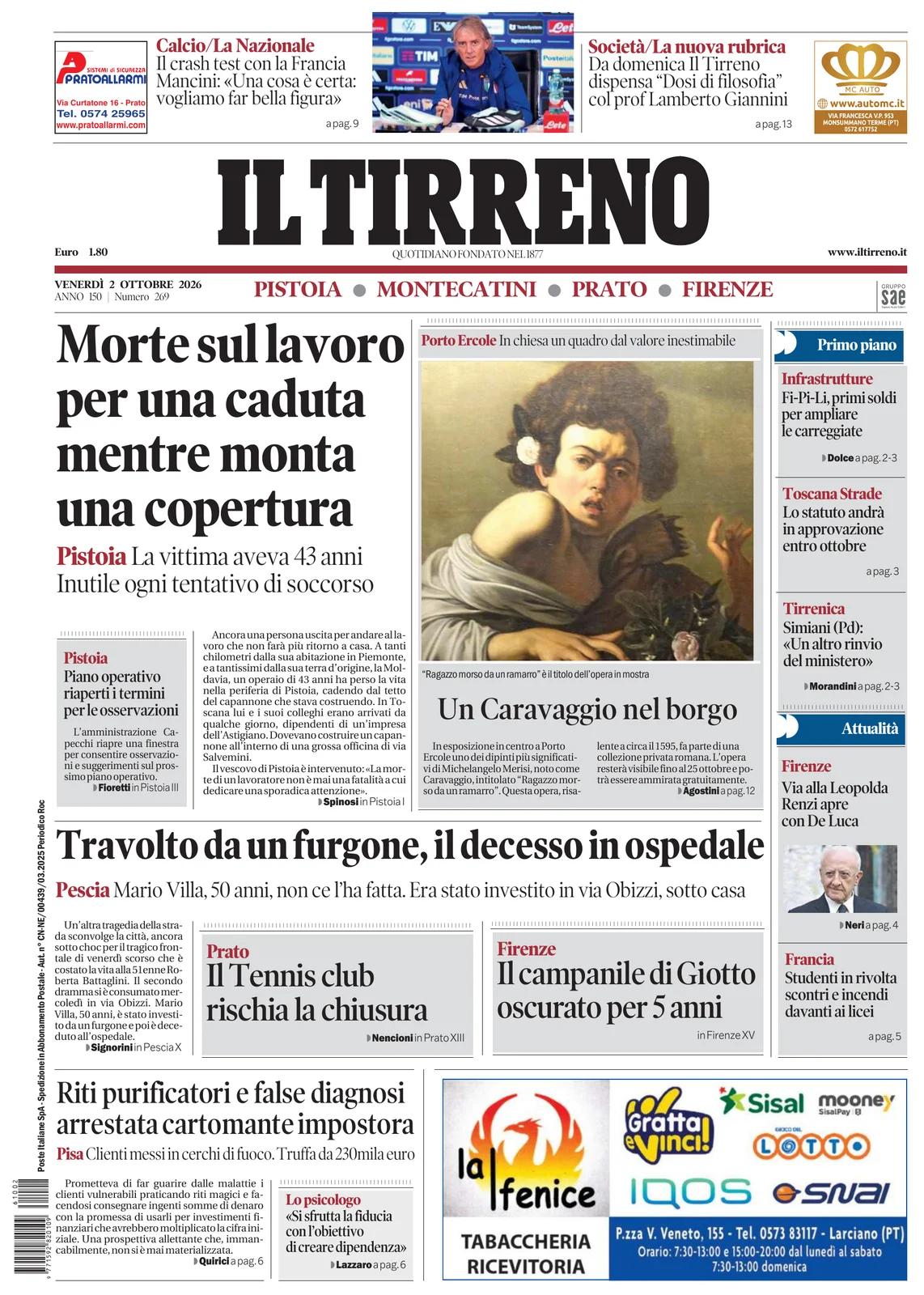 Prima pagina Il Tirreno del 2 Ottobre 2026