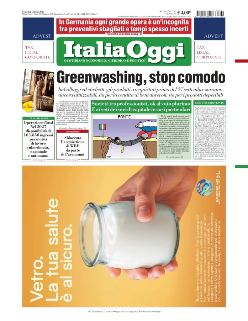 Prima pagina ItaliaOggi del 2 Ottobre 2026