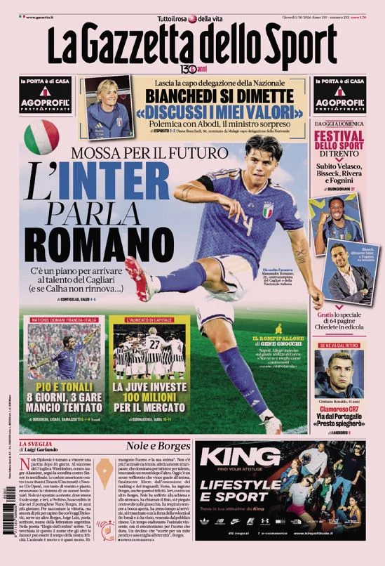 Prima pagina La Gazzetta dello Sport del 2 Ottobre 2026