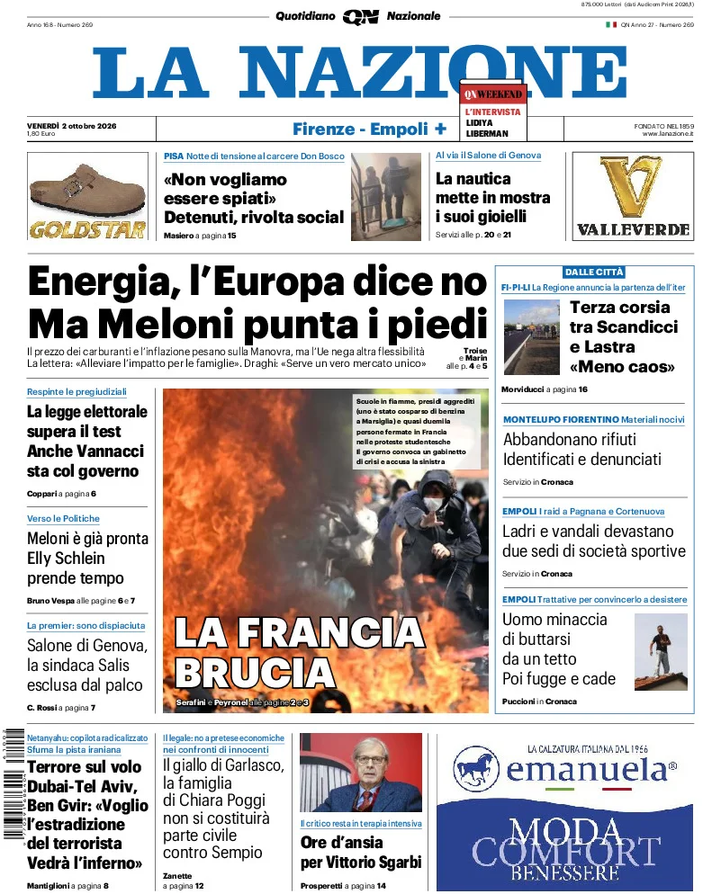 Prima pagina La Nazione del 2 Ottobre 2026