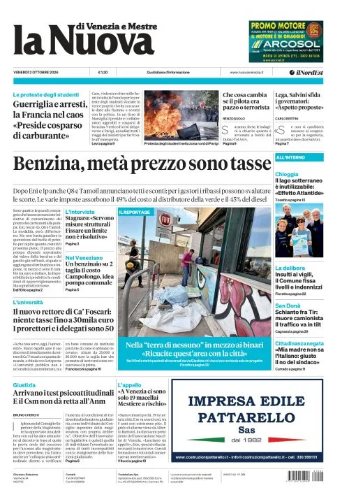 Prima pagina La Nuova di Venezia e Mestre | Venezia e Mestre del 2 Ottobre 2026