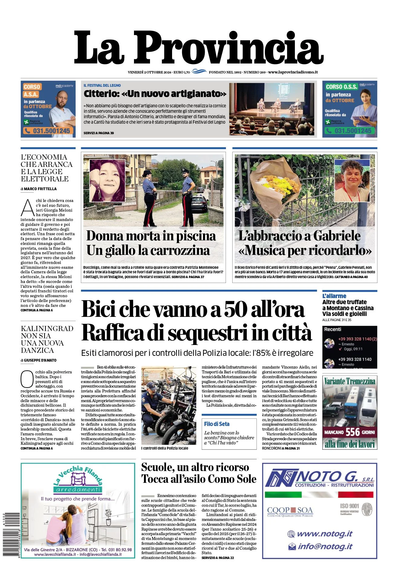 Prima pagina La Provincia del 2 Ottobre 2026