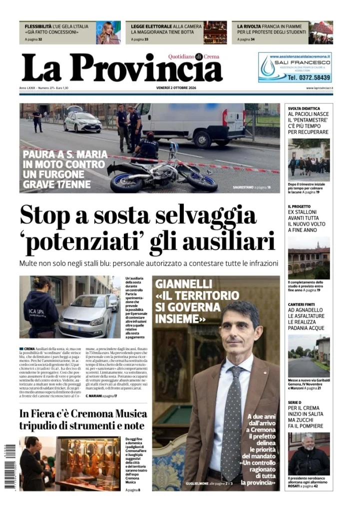 Prima pagina La Provincia | Crema del 2 Ottobre 2026