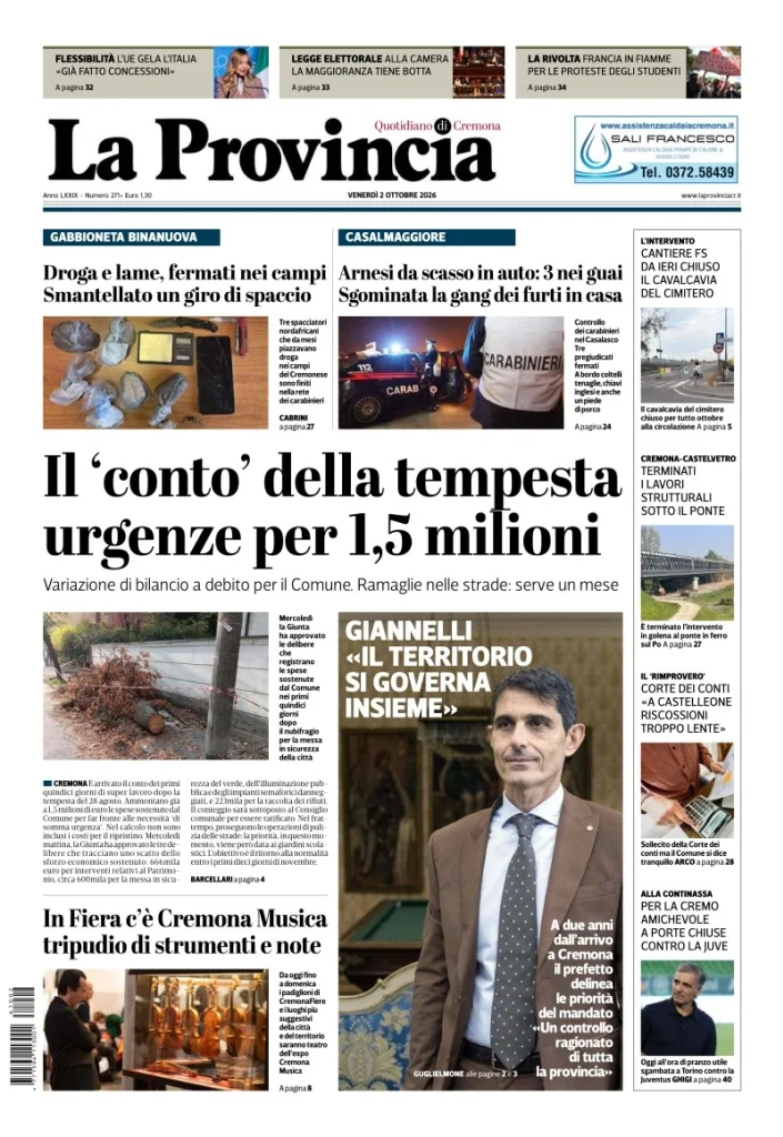 Prima pagina La Provincia del 2 Ottobre 2026