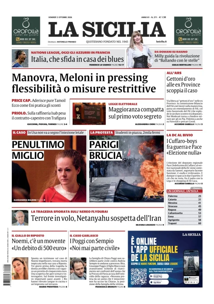 Prima pagina La Sicilia del 2 Ottobre 2026