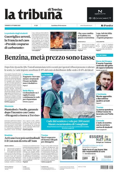 Prima pagina La Tribuna di Treviso | Treviso del 2 Ottobre 2026