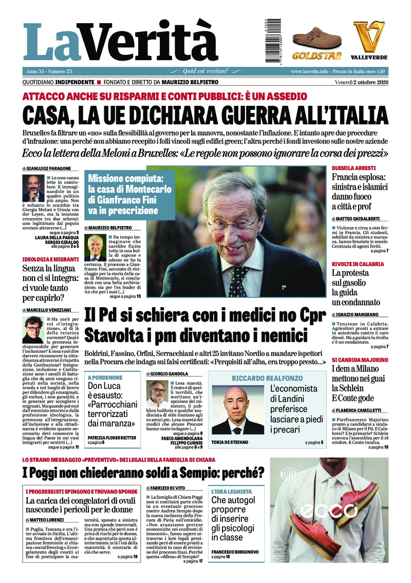 Prima pagina La Verita del 2 Ottobre 2026
