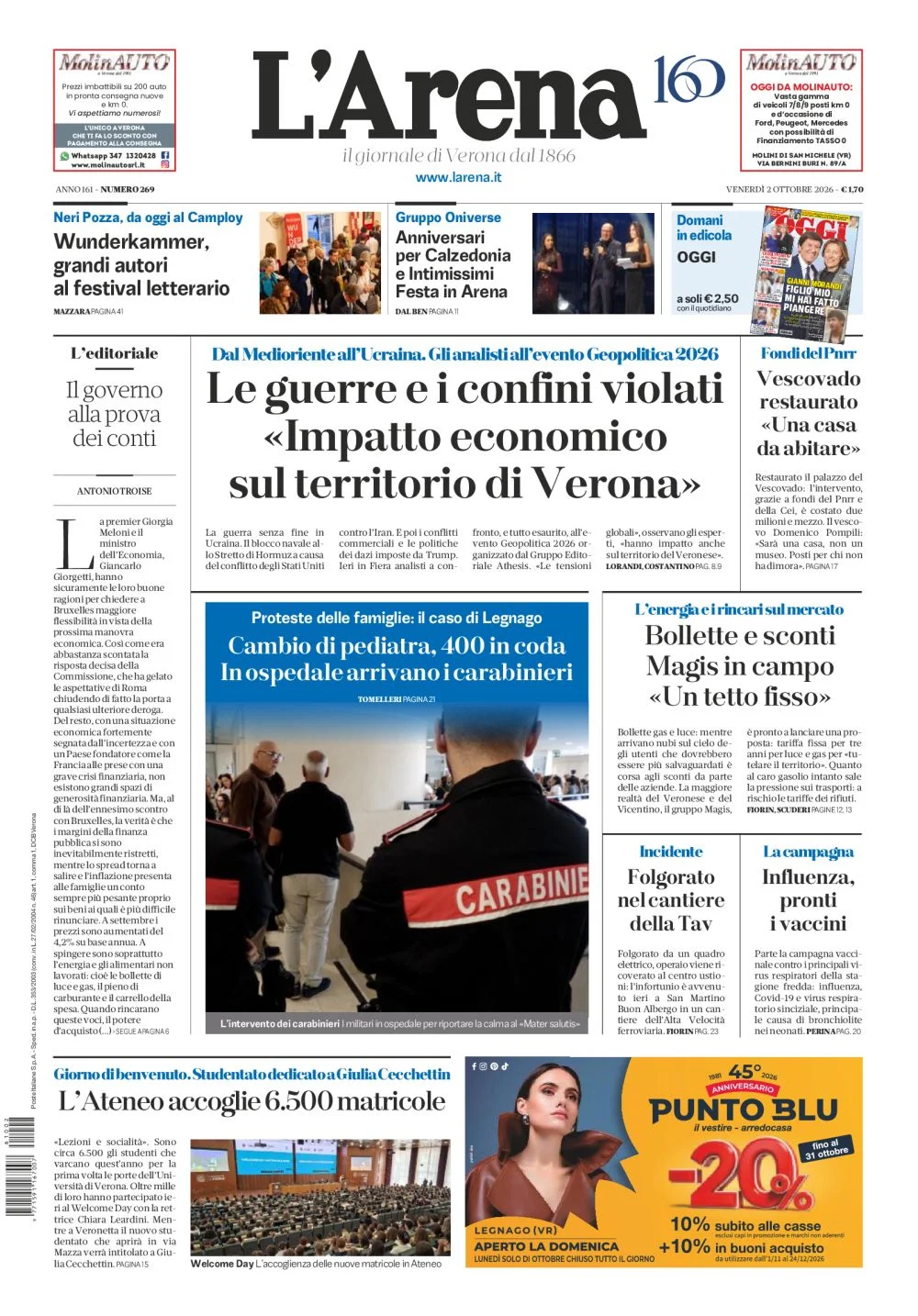 Prima pagina L'Arena del 2 Ottobre 2026