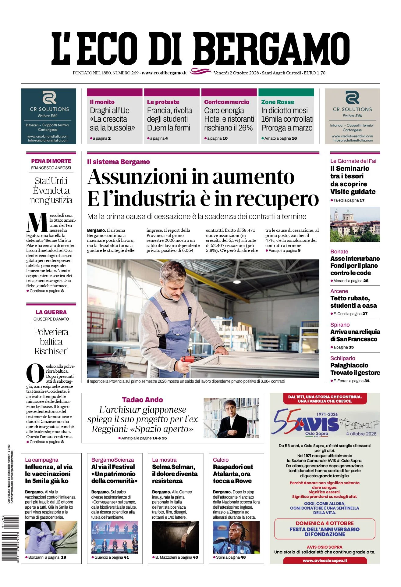 Prima pagina L'Eco di Bergamo del 2 Ottobre 2026