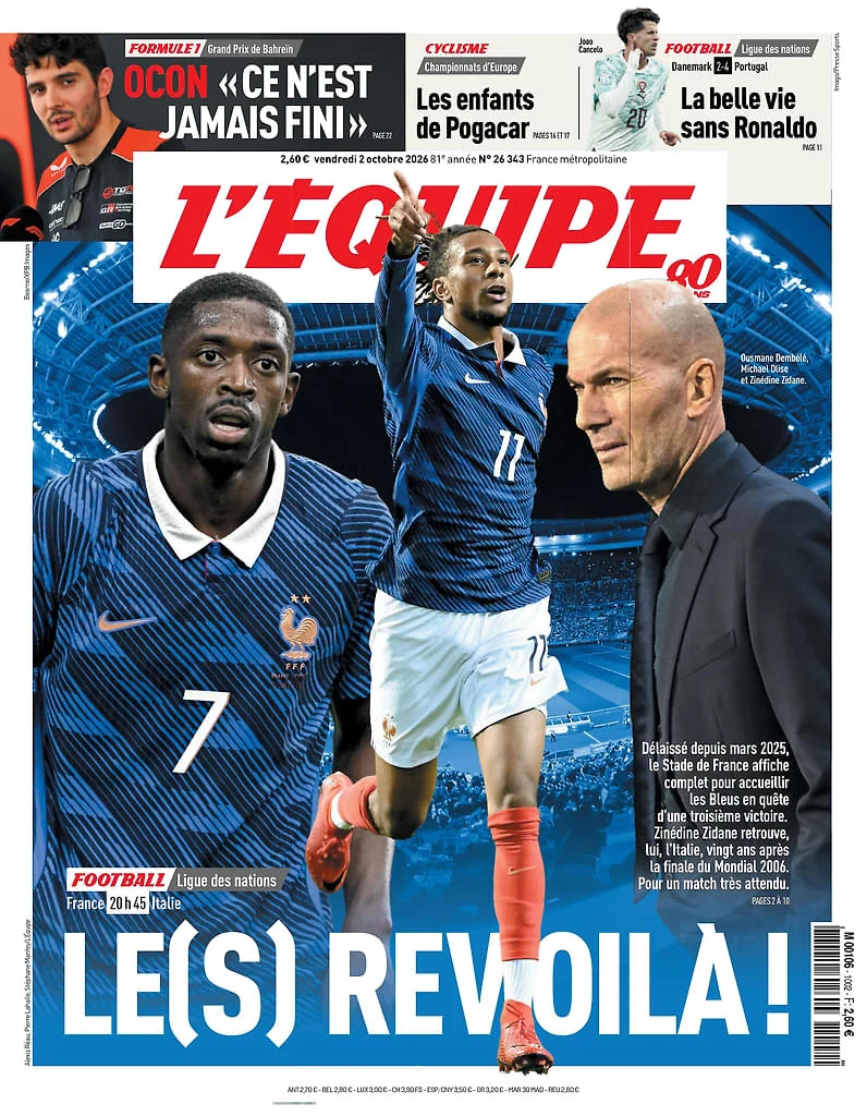 Prima pagina L Equipe del 2 Ottobre 2026