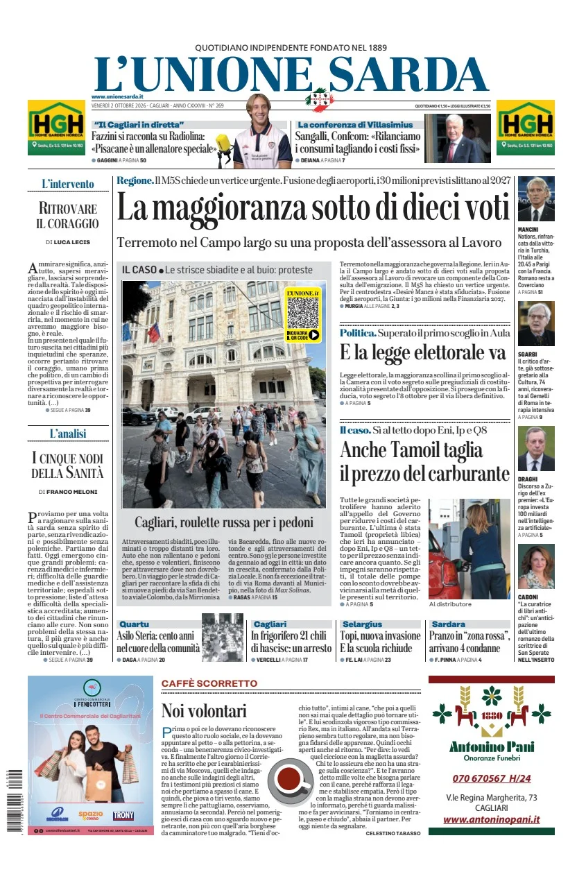 Prima pagina L Unione Sarda del 2 Ottobre 2026
