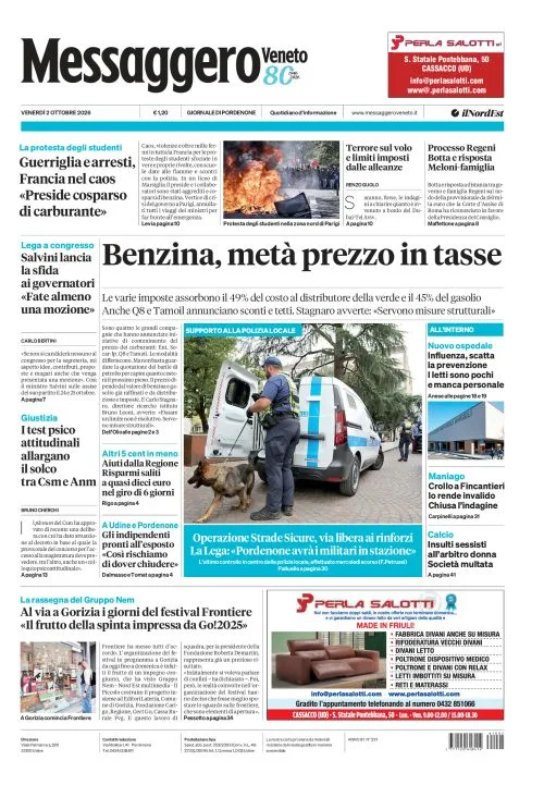 Prima pagina Messaggero Veneto | Pordenone del 2 Ottobre 2026